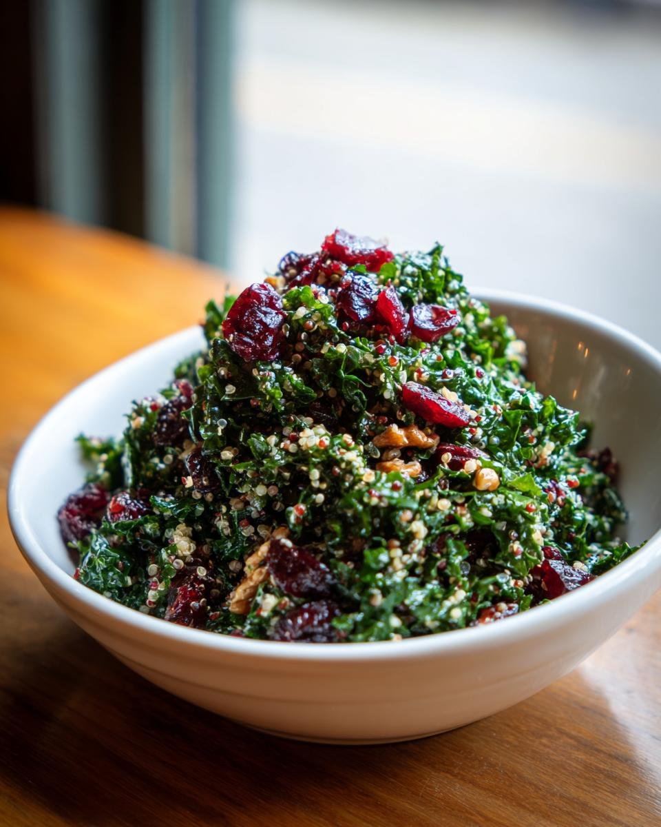 Nahaufnahme eines reichhaltigen Kale Quinoa Salat mit getrockneten Cranberrys und N&uuml;ssen in einer wei&szlig;en Sch&uuml;ssel.