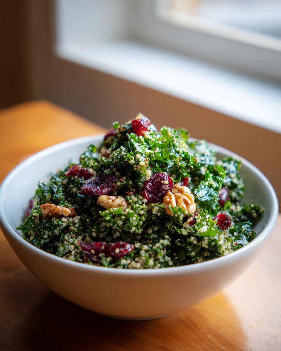 Nahaufnahme eines wei&szlig;en Bowls gef&uuml;llt mit leckerem Kale Quinoa Salat, garniert mit Waln&uuml;ssen und getrockneten Cranberrys.