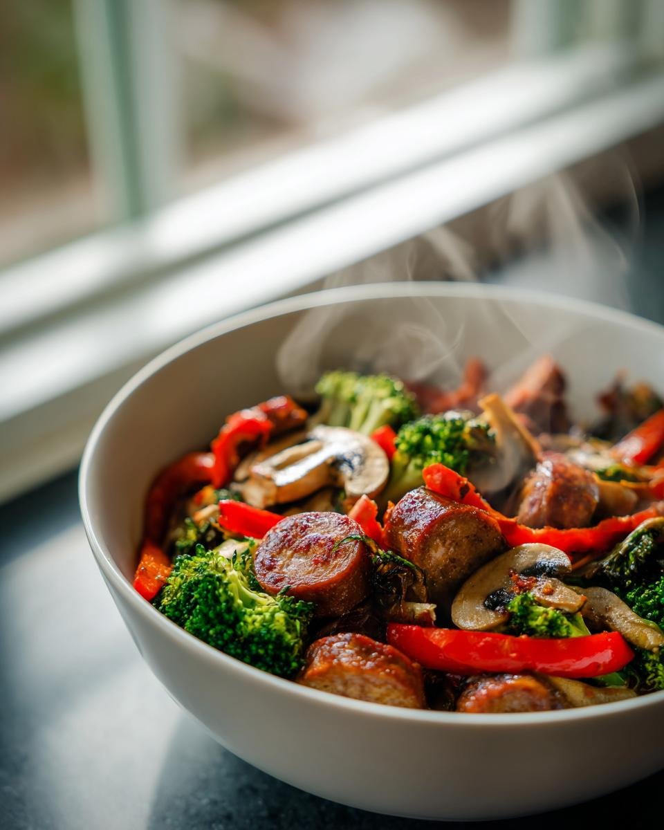 Nahaufnahme einer dampfenden Schüssel mit gebratener Wurst, Brokkoli, Pilzen und roter Paprika – ein Beispiel für Keto Sausage Recipes.