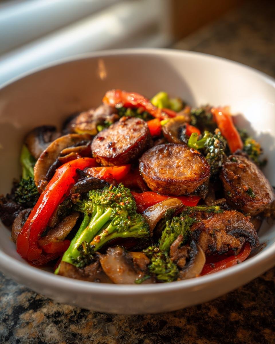 Gebratene Scheiben Wurst mit Brokkoli, Pilzen und roter Paprika in einer weißen Schüssel – Teil der Keto Sausage Recipes.