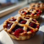 Nahaufnahme eines gebackenen Mini Pie mit Kirschf&uuml;llung und Gitterdecke, Teil der Mini Pie Recipes.