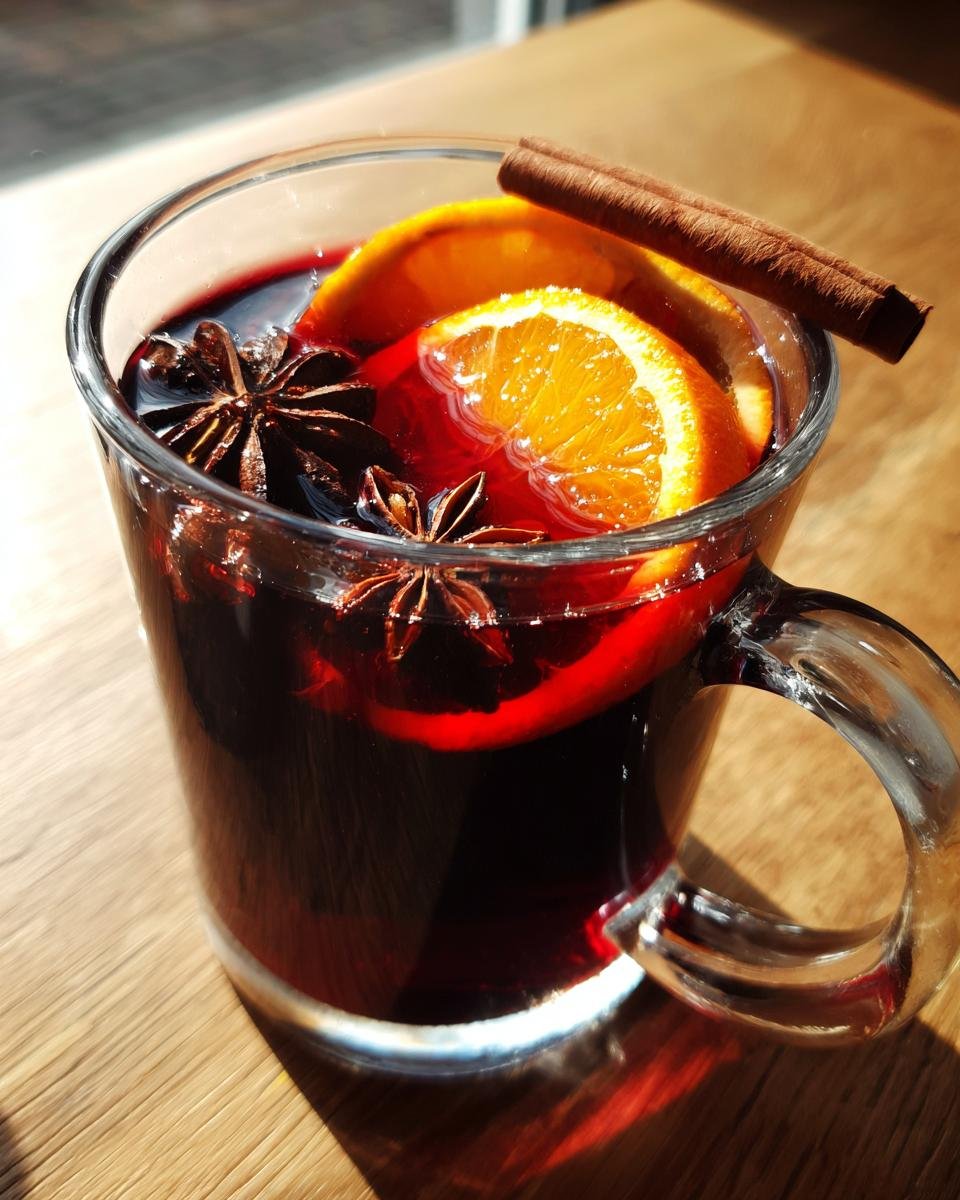 Nahaufnahme von hei&szlig;em Mulled Wine in einer Tasse, garniert mit Orangenscheiben, Sternanis und einer Zimtstange.