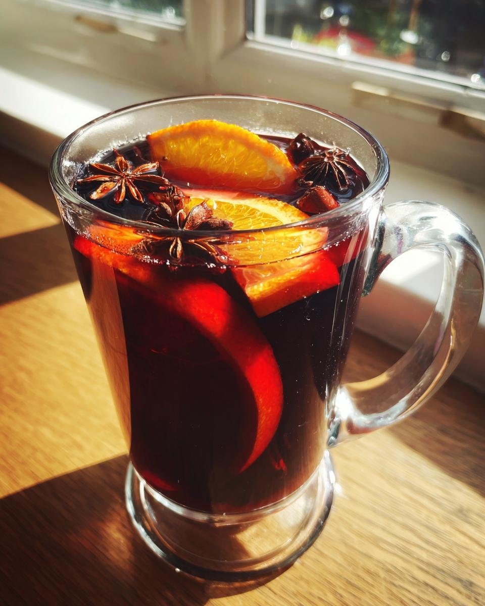 Nahaufnahme von hei&szlig;em Mulled Wine in einer Tasse mit Orangenscheiben und Sternanis.