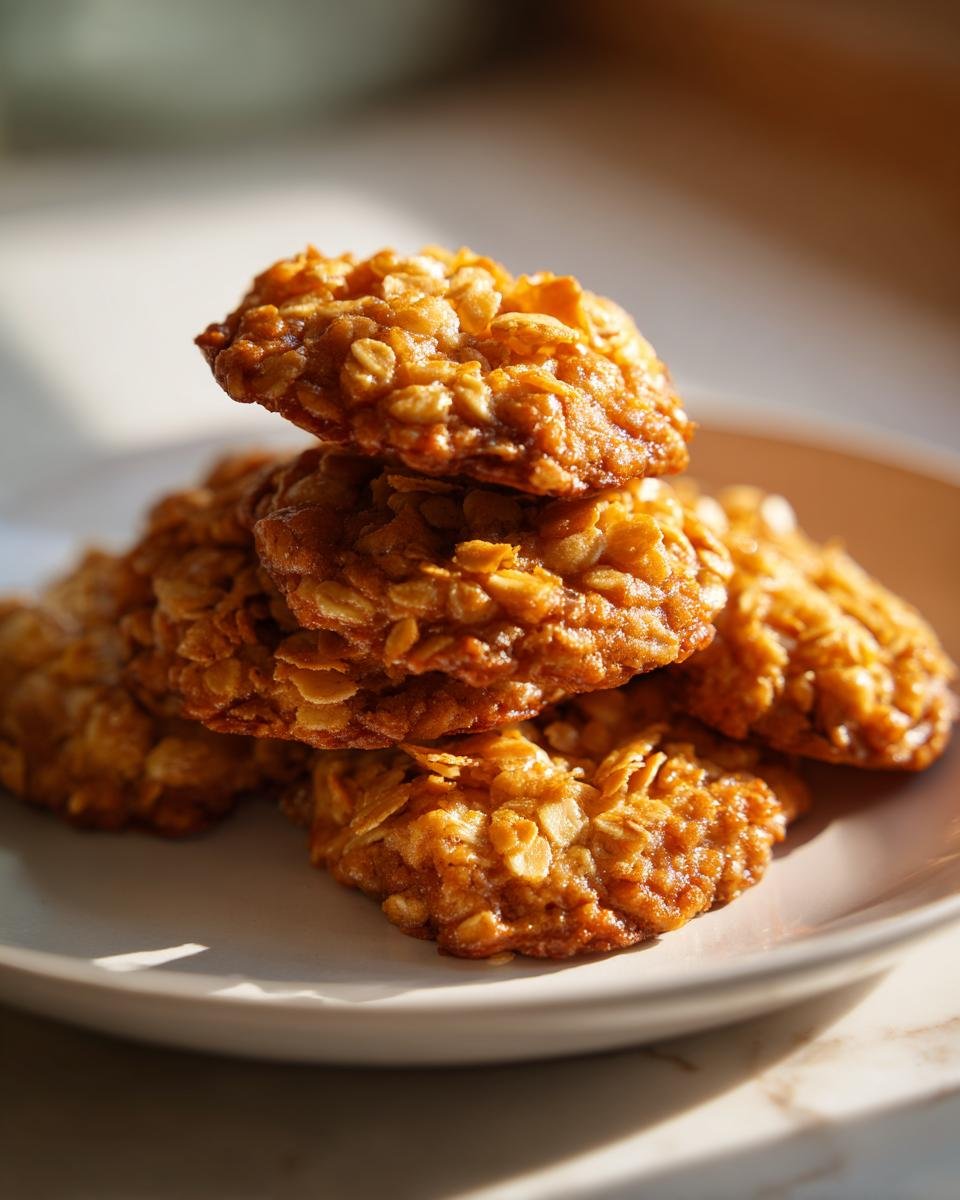 Stapel knuspriger Kekse, die mit Cornflakes oder Haferflocken zubereitet wurden, auf einem hellen Teller.