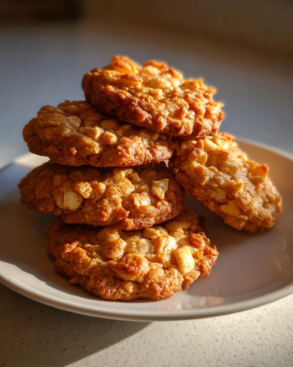 Stapel von vier knusprigen Cornflake Cookies mit hellen St&uuml;cken auf einem Teller, im warmen Sonnenlicht.