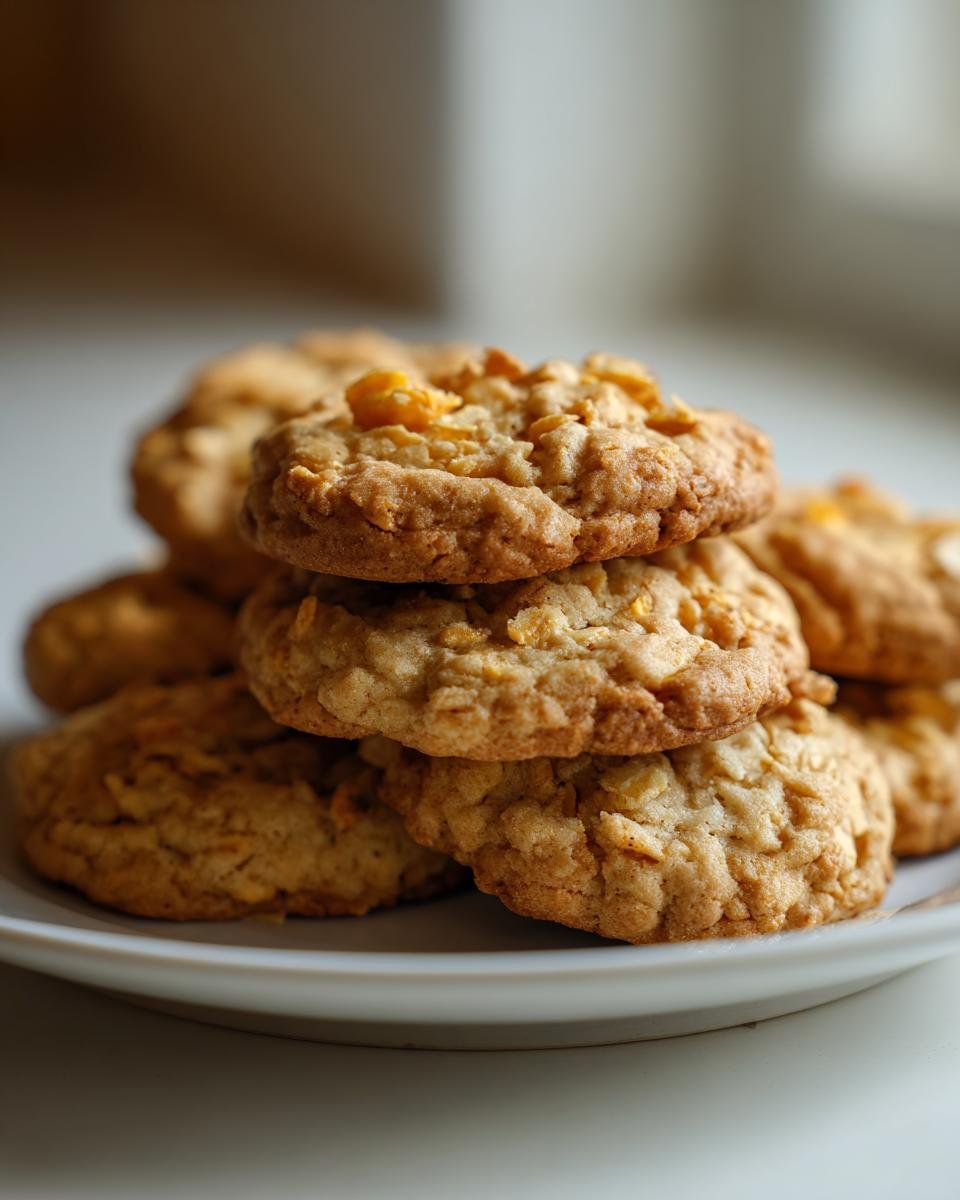 Stapel goldbrauner Kekse mit sichtbaren Cornflakes, ein perfektes Beispiel f&uuml;r Cornflake Rezepte.