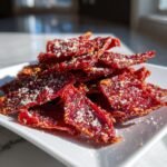 Nahaufnahme von knusprigen, dunkelroten Garlic Parmesan Tomato Chips, bestreut mit wei&szlig;em Parmesan.