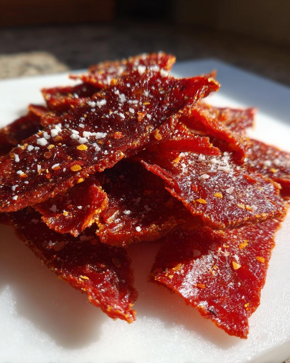 Nahaufnahme von roten, getrockneten Garlic Parmesan Tomato Chips, bestreut mit Salz und Gew&uuml;rzen.