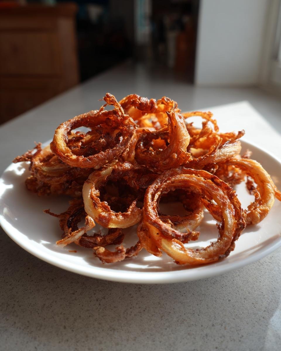 Ein Haufen knusprig frittierter R&ouml;stzwiebelringe, ideal f&uuml;r Shallot Recipes, auf einem wei&szlig;en Teller.