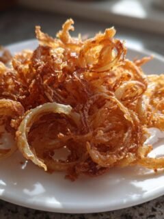 Nahaufnahme von knusprig frittierten Röstschalotten auf einem weißen Teller, Teil der Shallot Recipes.