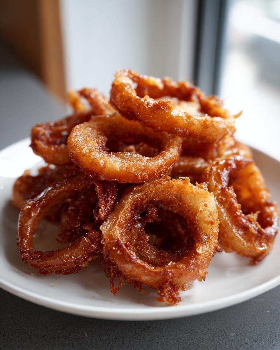 Ein Haufen knuspriger, goldbraun frittierter Schalottenringe auf einem wei&szlig;en Teller.