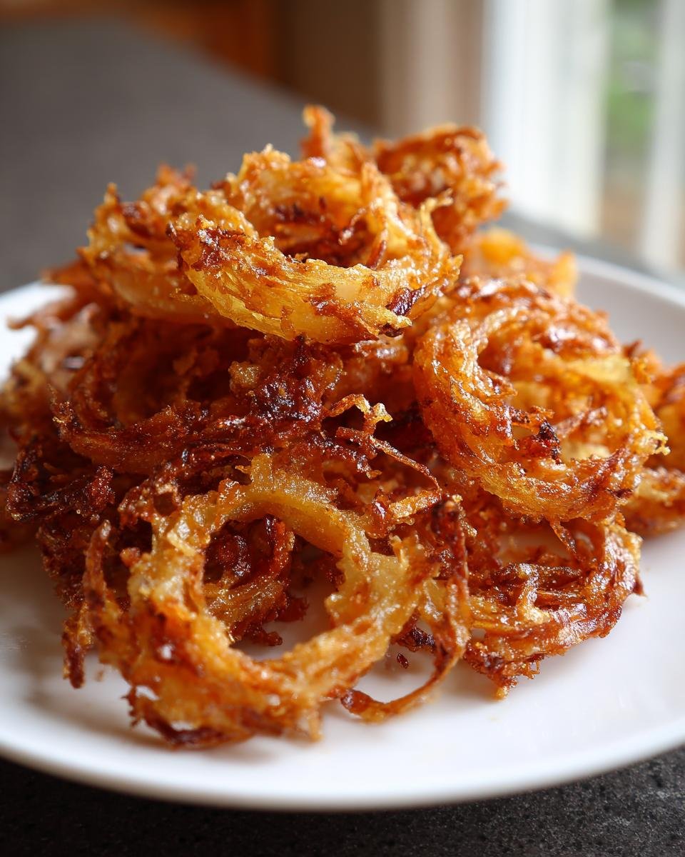 Nahaufnahme von knusprig frittierten, goldbraunen Schalottenringen, ideal f&uuml;r Shallot Recipes.