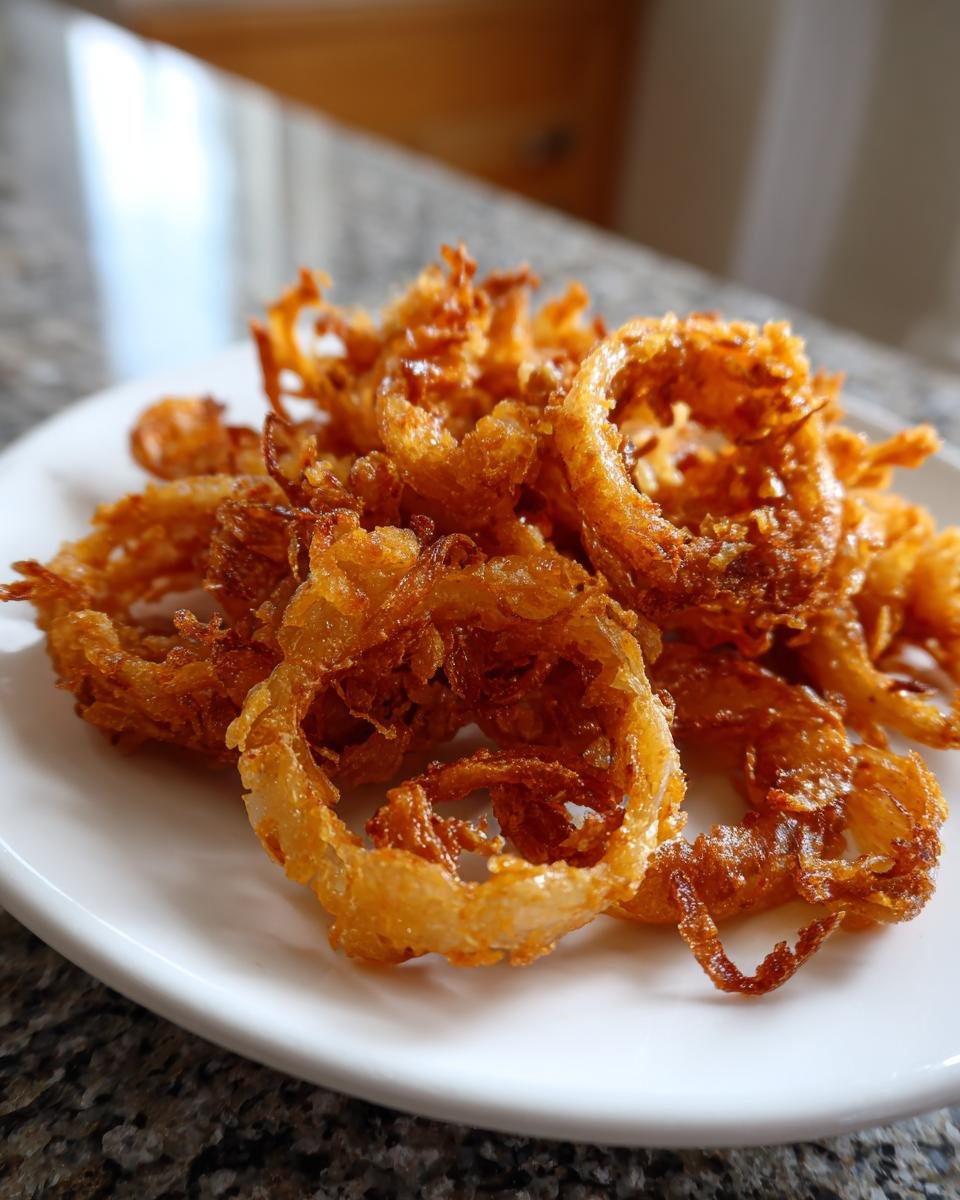 Nahaufnahme von knusprig frittierten, goldbraunen Schalottenringen auf einem wei&szlig;en Teller.