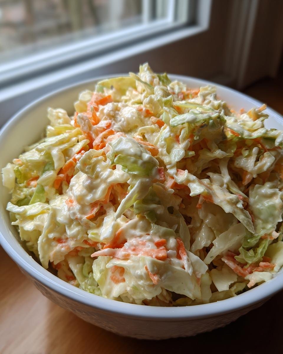 Nahaufnahme von cremigem Krautsalat (Coleslaw) mit geraspelten Karotten in einer wei&szlig;en Sch&uuml;ssel, ideal f&uuml;r Rezepte mit Coleslaw Mix.