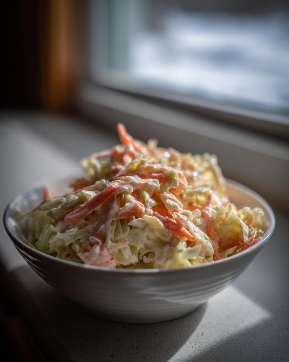 Nahaufnahme von cremigen Krautsalat aus Coleslaw Mix in einer wei&szlig;en Sch&uuml;ssel.