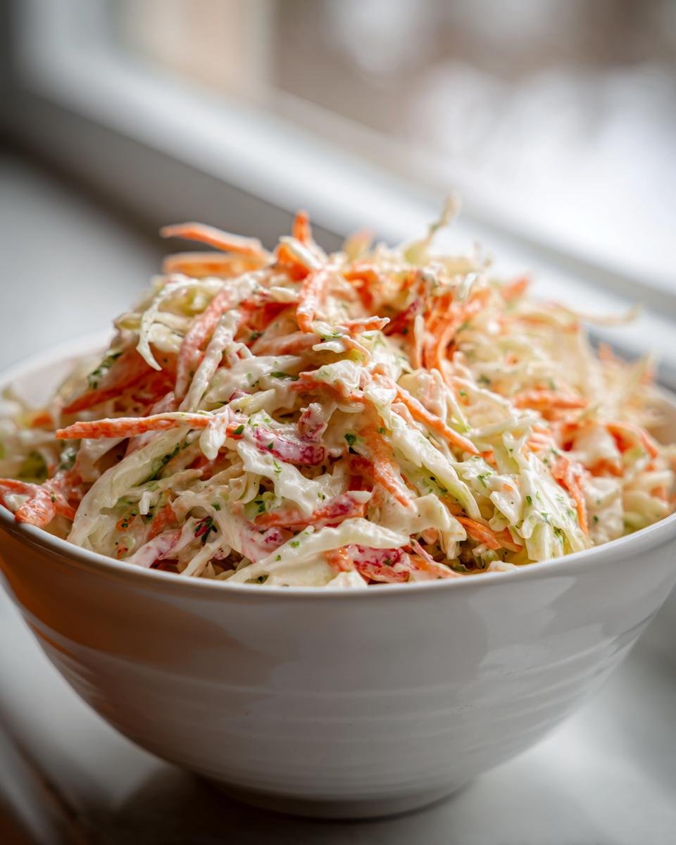 Nahaufnahme von cremigem Krautsalat in einer wei&szlig;en Sch&uuml;ssel, perfekt f&uuml;r Recipes With Coleslaw Mix.