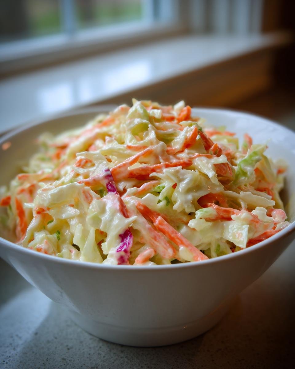 Nahaufnahme von cremigem Krautsalat in einer wei&szlig;en Sch&uuml;ssel, ideal f&uuml;r Recipes With Coleslaw Mix.