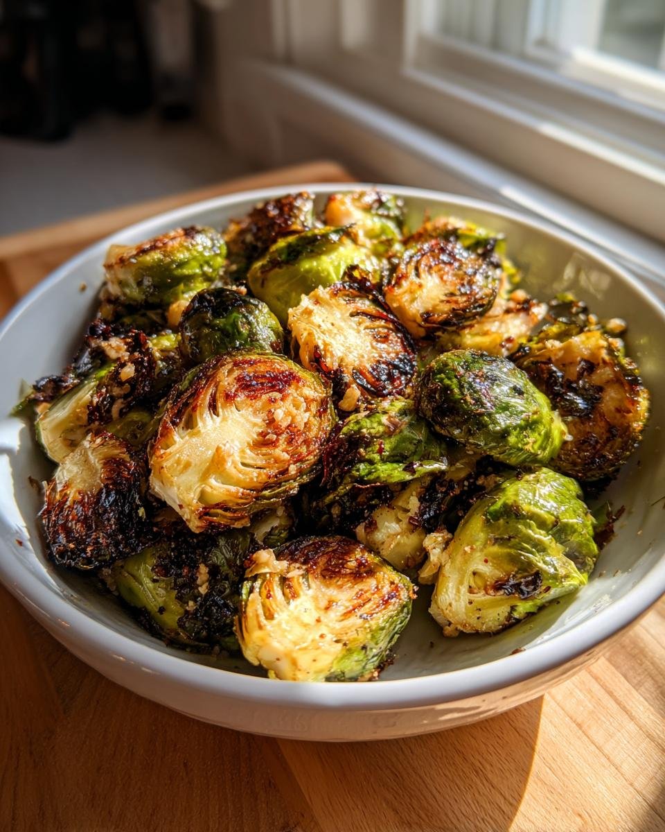 Nahaufnahme von krossen Air Fryer Brussels Sprouts in einer hellen Sch&uuml;ssel.