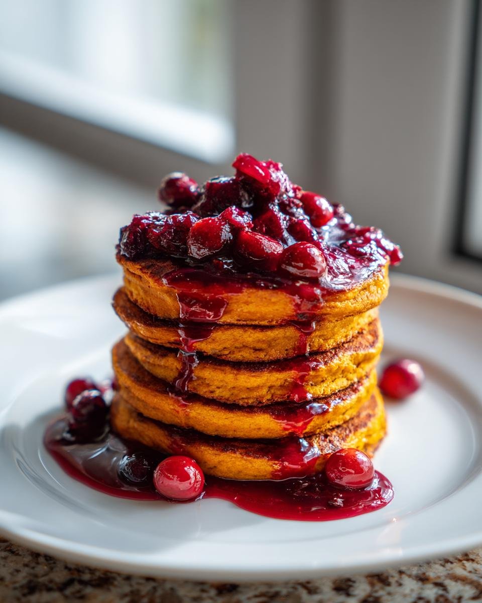Nahaufnahme eines Stapels goldbrauner K&uuml;rbispfannkuchen, bedeckt mit leuchtend rotem Preiselbeer-Ahornsirup.