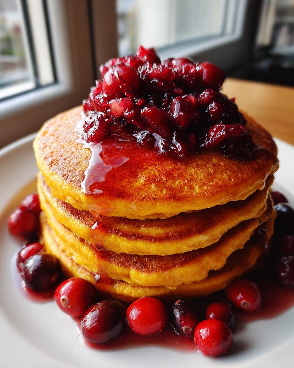 Stapel goldgelber K&uuml;rbispfannkuchen mit einem Topping aus Preiselbeerenkompott und Sirup.