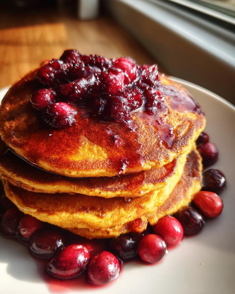 Stapel goldbrauner K&uuml;rbispfannkuchen, bedeckt mit Preiselbeer-Ahornsirup und frischen Cranberries.