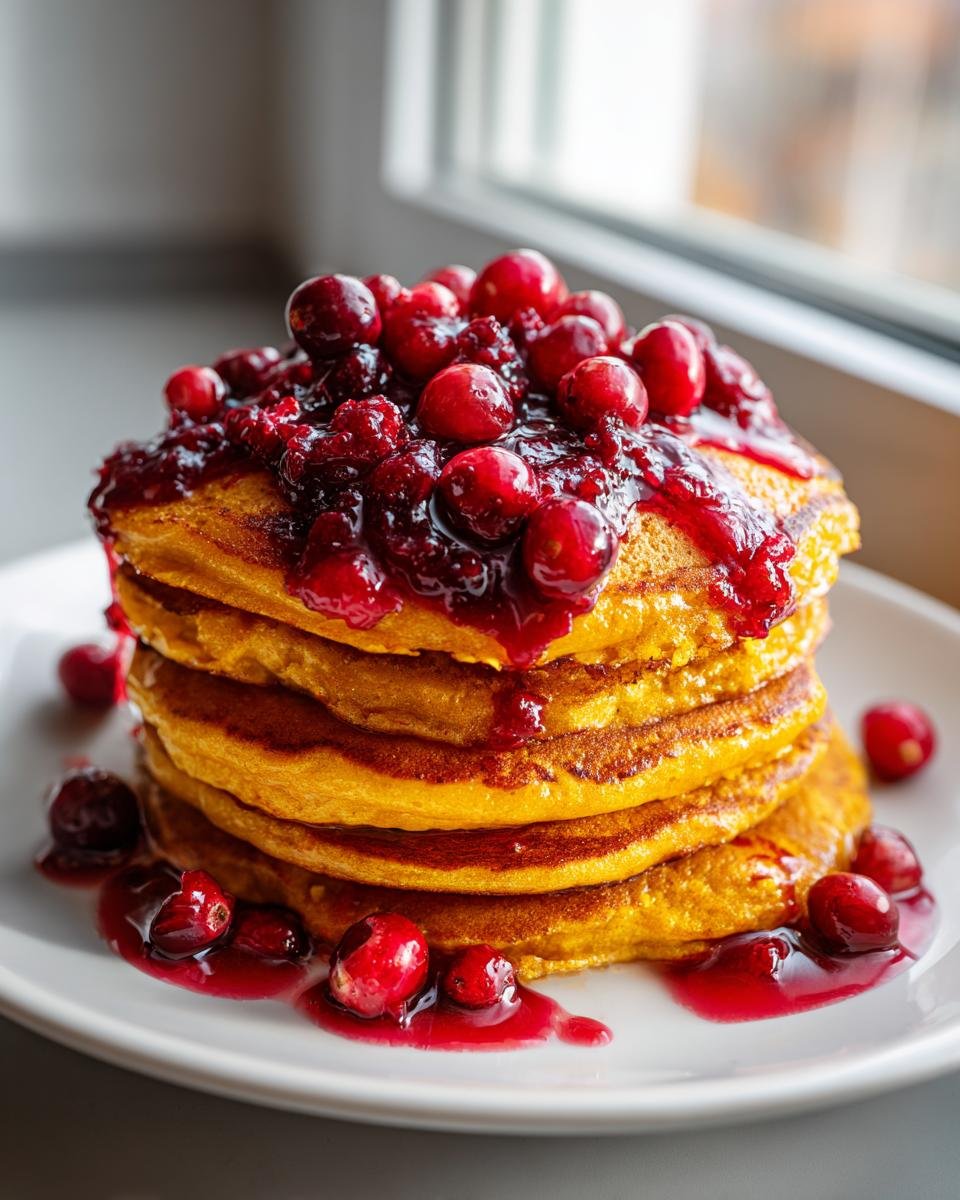 Ein hoher Stapel goldgelber K&uuml;rbispfannkuchen, bedeckt mit Preiselbeersirup und frischen Cranberries.