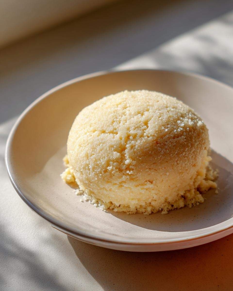 Eine Kugel selbstgemachtes Marzipan mit k&ouml;rniger Textur liegt auf einem hellen Teller.