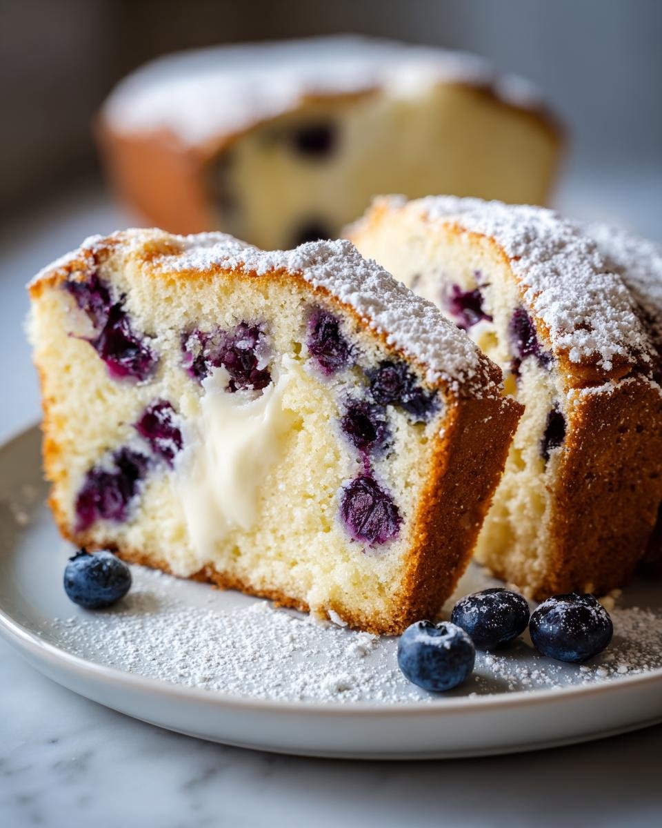 Zwei Scheiben Lemon Blueberry Cream Cheese Pound Cake mit Blaubeeren und Puderzucker auf einem Teller.