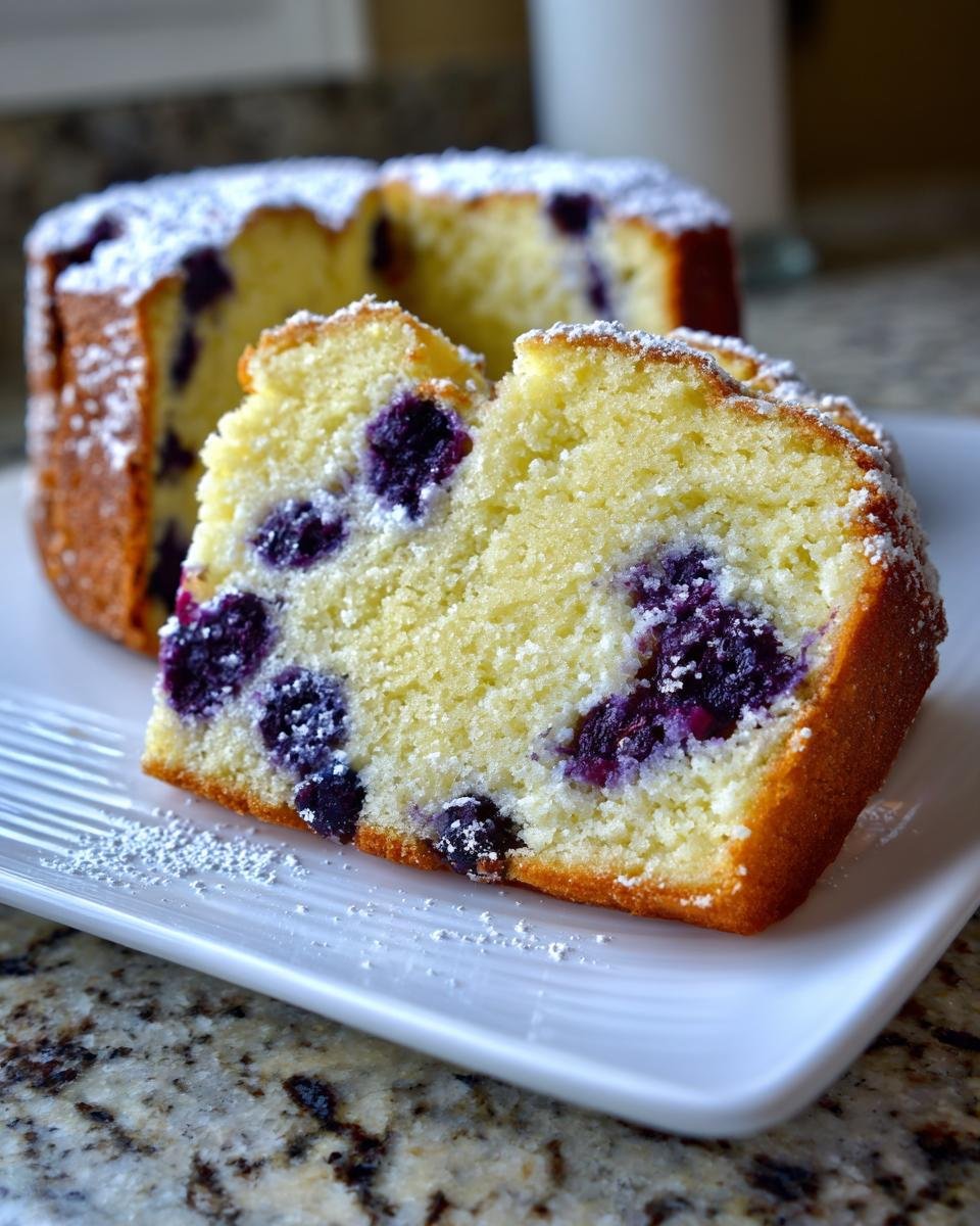 Nahaufnahme eines saftigen St&uuml;cks Lemon Blueberry Cream Cheese Pound Cake mit sichtbaren Blaubeeren und Puderzucker.