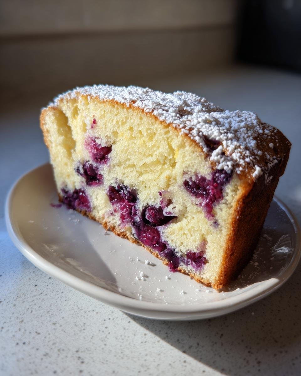Ein saftiges St&uuml;ck Lemon Blueberry Cream Cheese Pound Cake mit Blaubeeren und Puderzucker auf einem Teller.