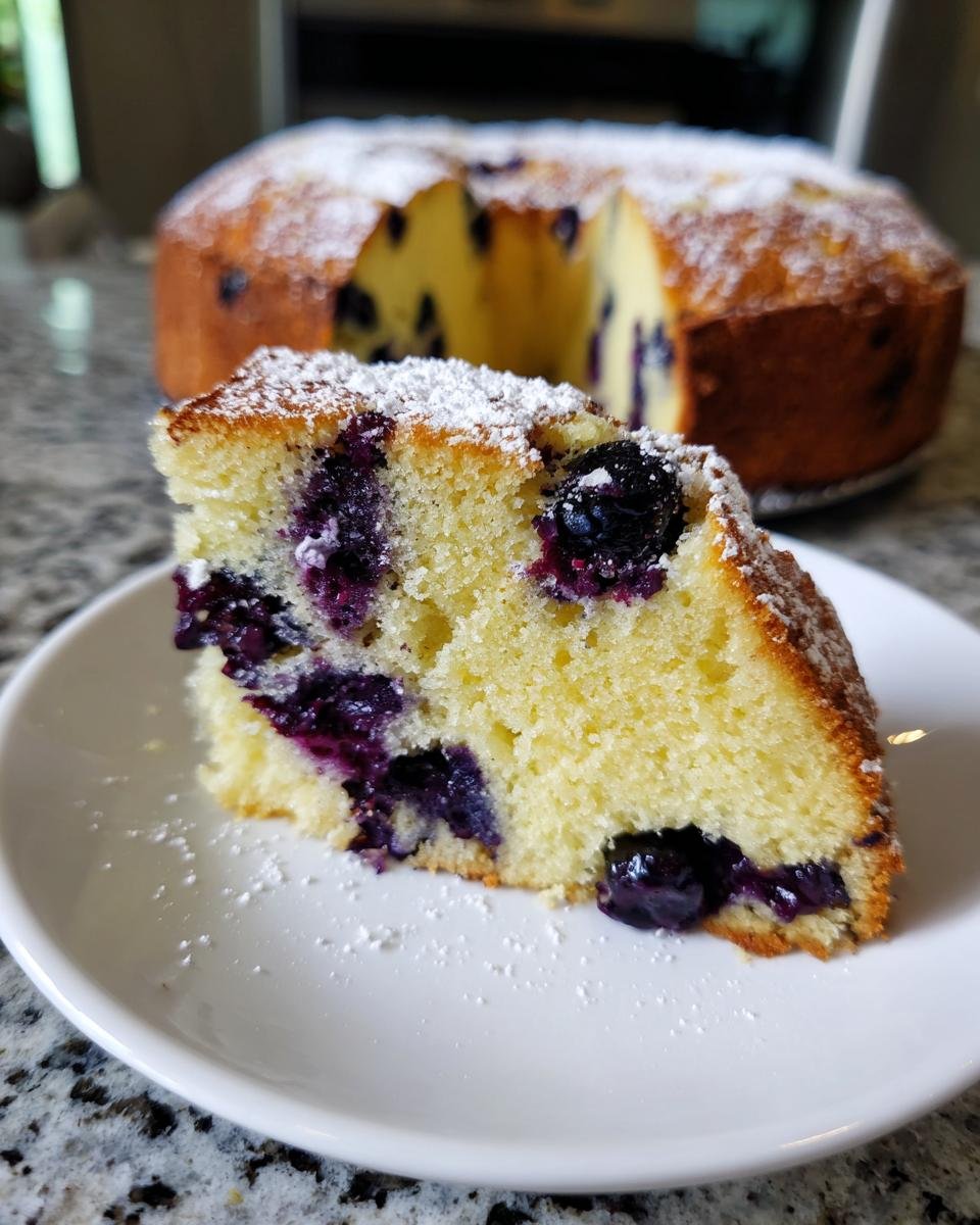 Ein angeschnittenes St&uuml;ck saftiger Lemon Blueberry Cream Cheese Pound Cake mit Blaubeeren und Puderzucker.
