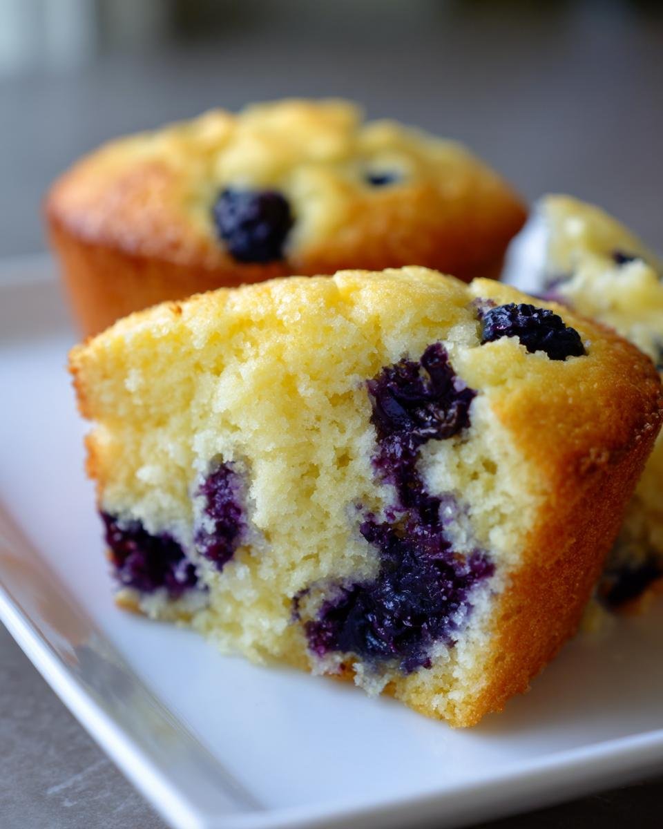 Nahaufnahme des Anschnitts eines saftigen Lemon Blueberry Muffins mit vielen lila Blaubeeren im Teig.
