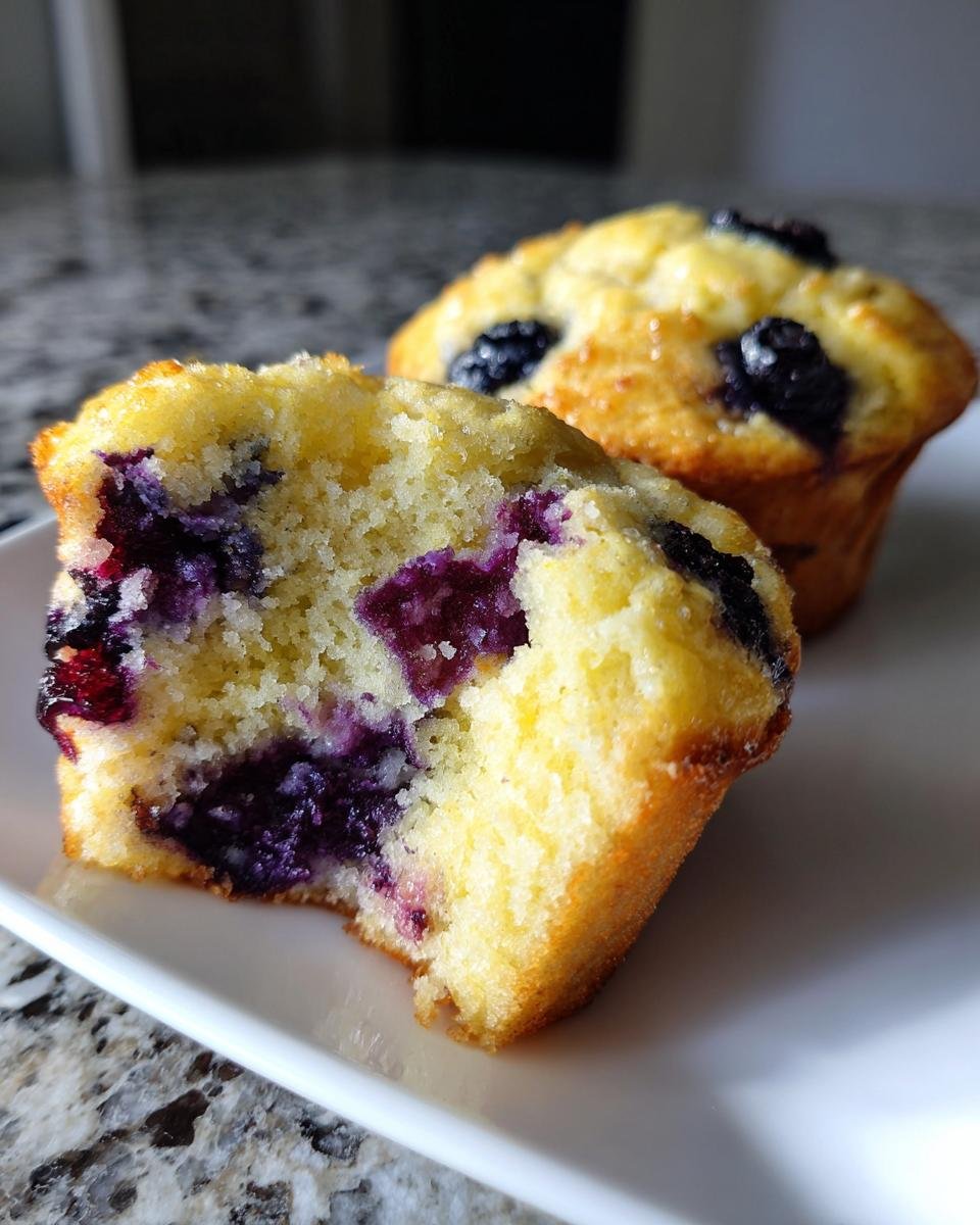 Nahaufnahme eines angeschnittenen Lemon Blueberry Muffins, der die saftige Textur und die lila Blaubeeren zeigt.