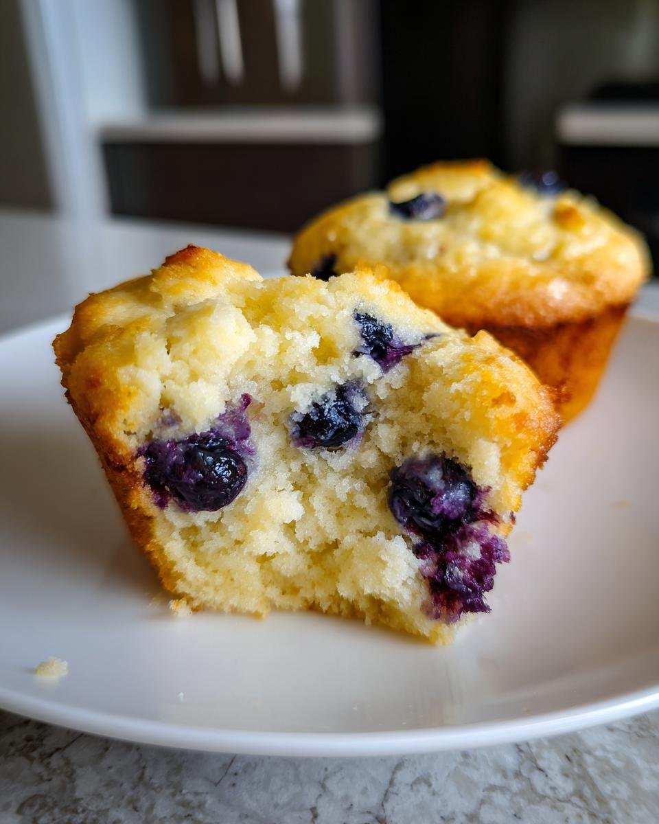 Nahaufnahme eines aufgeschnittenen Lemon Blueberry Muffins, der saftige Blaubeeren im Inneren zeigt.