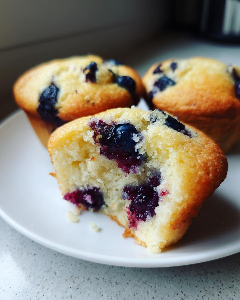 Nahaufnahme eines angeschnittenen Lemon Blueberry Muffins, der saftige Blaubeeren im weichen Teig zeigt.
