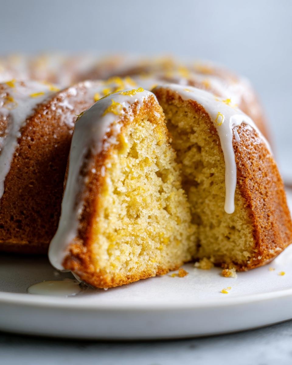 Nahaufnahme eines angeschnittenen Lemon Ginger Bundt Cake mit cremigem Zuckerguss und Zitronenabrieb.