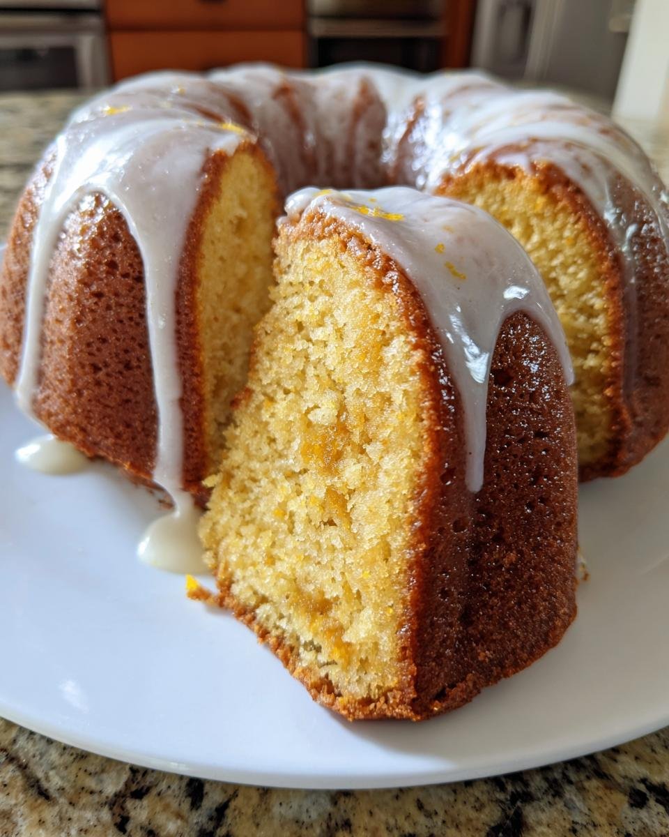 Ein angeschnittenes St&uuml;ck Lemon Ginger Bundt Cake mit cremigem Zitronenguss auf einem wei&szlig;en Teller.