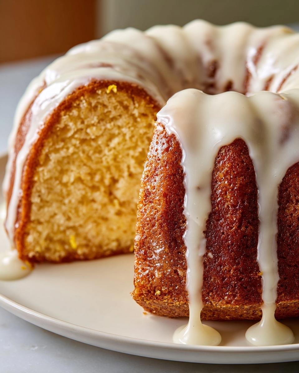 Nahaufnahme eines angeschnittenen Lemon Ginger Bundt Cake mit dickem, wei&szlig;em Zuckerguss, der herunterl&auml;uft.