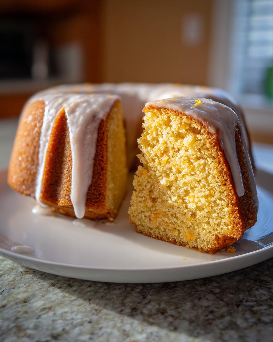 Ein angeschnittenes St&uuml;ck Lemon Ginger Bundt Cake mit cremigem Zitronenguss auf einem wei&szlig;en Teller.