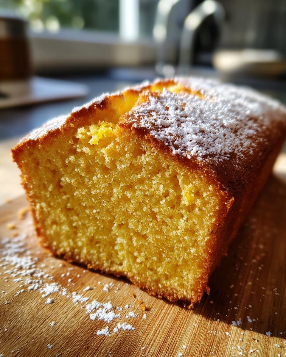 Nahaufnahme eines angeschnittenen Lemon Yogurt Cake, best&auml;ubt mit Puderzucker auf einem Holzbrett.
