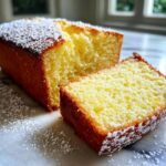 Anschnitt eines saftigen Lemon Yogurt Cake, best&auml;ubt mit Puderzucker auf Marmor.