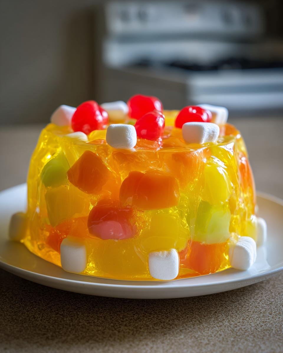 Ein leuchtend gelber Congealed Salad mit Fruchtst&uuml;cken, garniert mit Marshmallows und Cocktailkirschen.