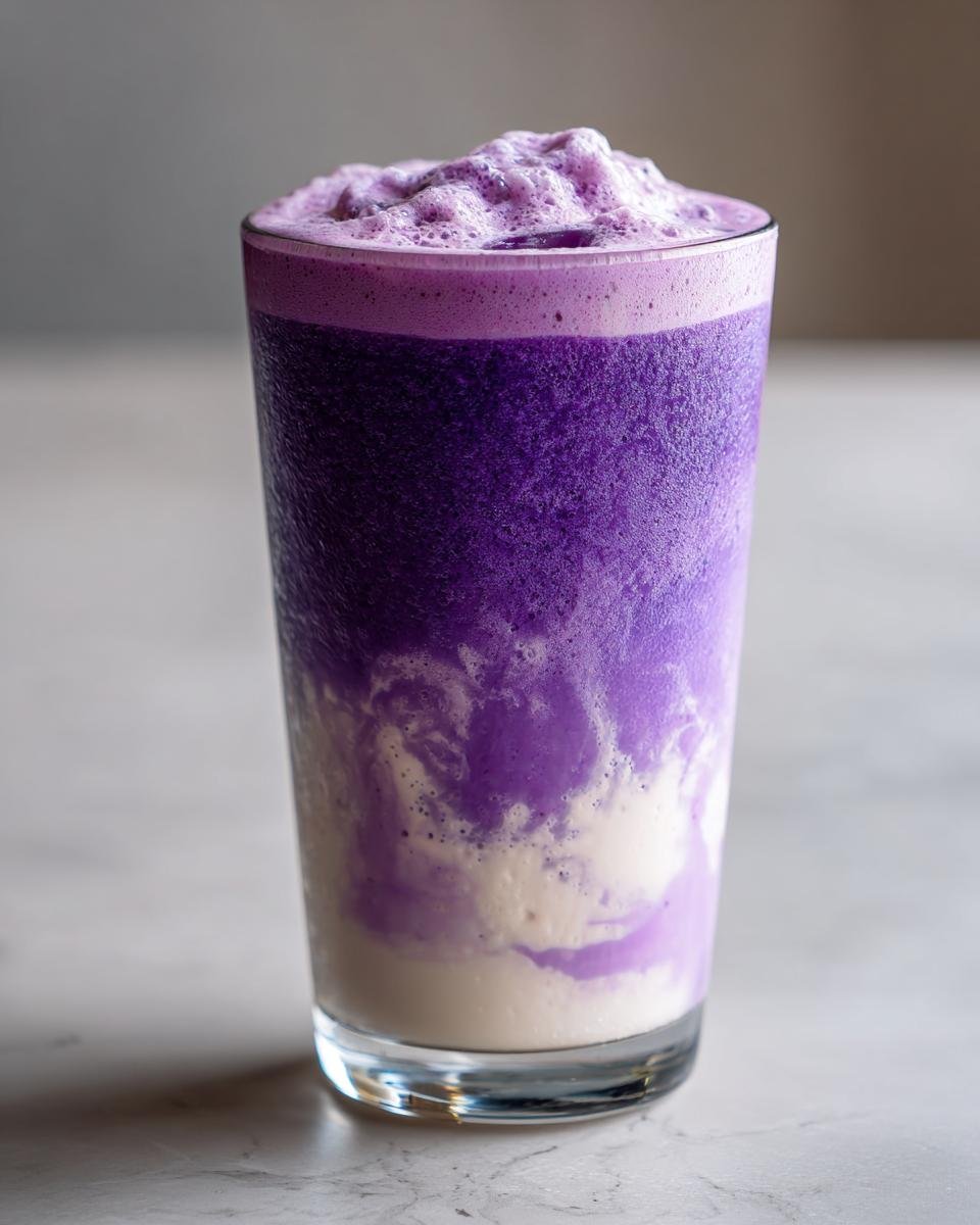 Nahaufnahme eines violetten, schaumigen Smoothies mit Mandelmilch in einem Glas, ideal f&uuml;r Almond Milk Smoothie Recipes.