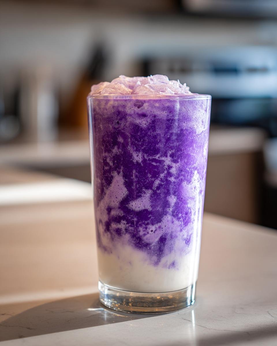 Ein hohes Glas mit einem geschichteten, lila Smoothie, gekr&ouml;nt mit Crushed Ice, typisch f&uuml;r Almond Milk Smoothie Recipes.