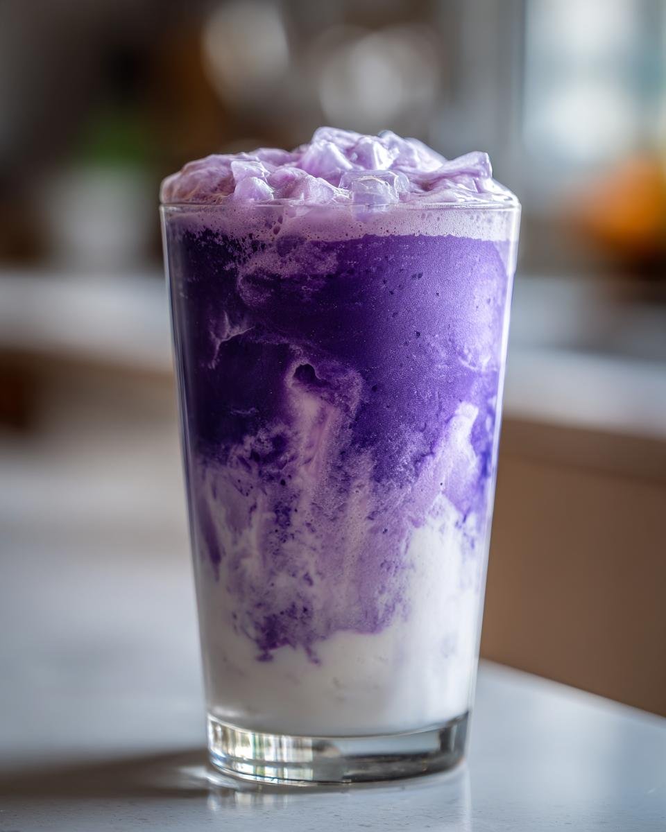 Ein hohes Glas mit einem geschichteten, leuchtend violetten Smoothie, gekr&ouml;nt mit Eis, ideal f&uuml;r Almond Milk Smoothie Recipes.