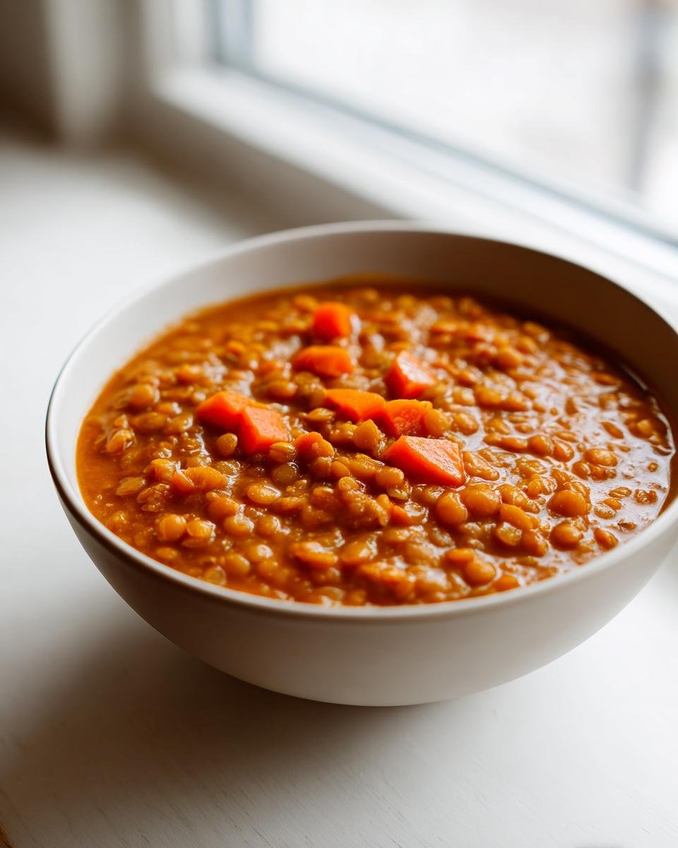 Nahaufnahme eines warmen Linseneintopfs mit Karottenw&uuml;rfeln, ideal f&uuml;r Ramadan Recipes.