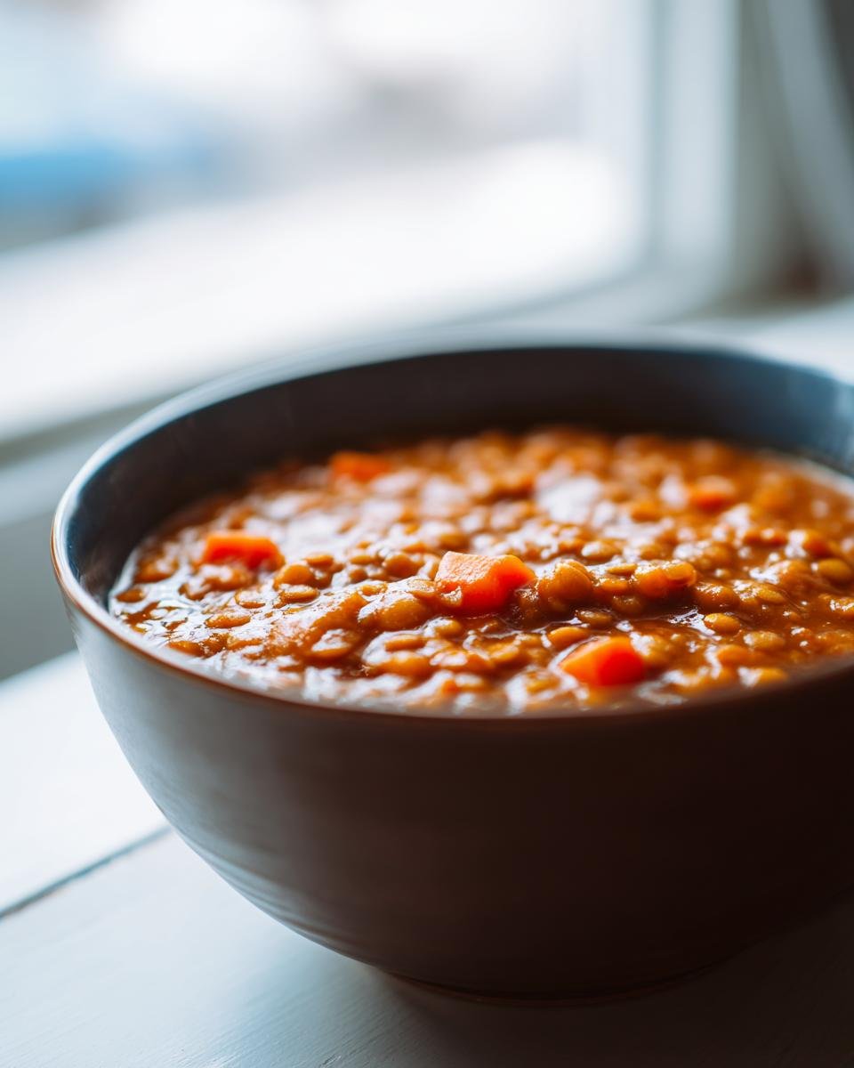 Dunkle Sch&uuml;ssel mit cremigem Linseneintopf und Karottenst&uuml;cken, ideal f&uuml;r Ramadan Recipes.