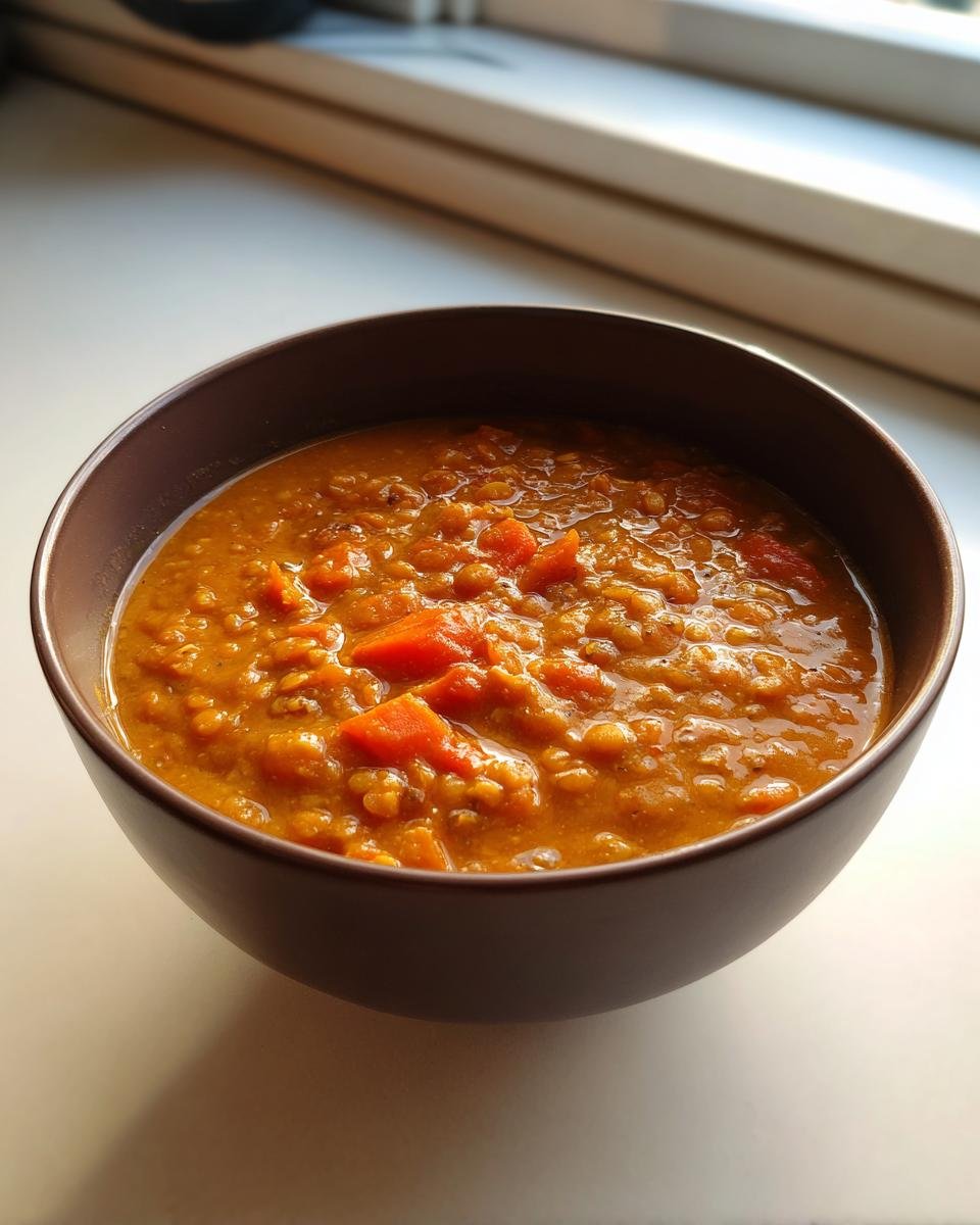 Eine dunkelbraune Sch&uuml;ssel gef&uuml;llt mit cremiger, oranger Linsensuppe mit Karottenst&uuml;cken, ideal f&uuml;r Ramadan Recipes.