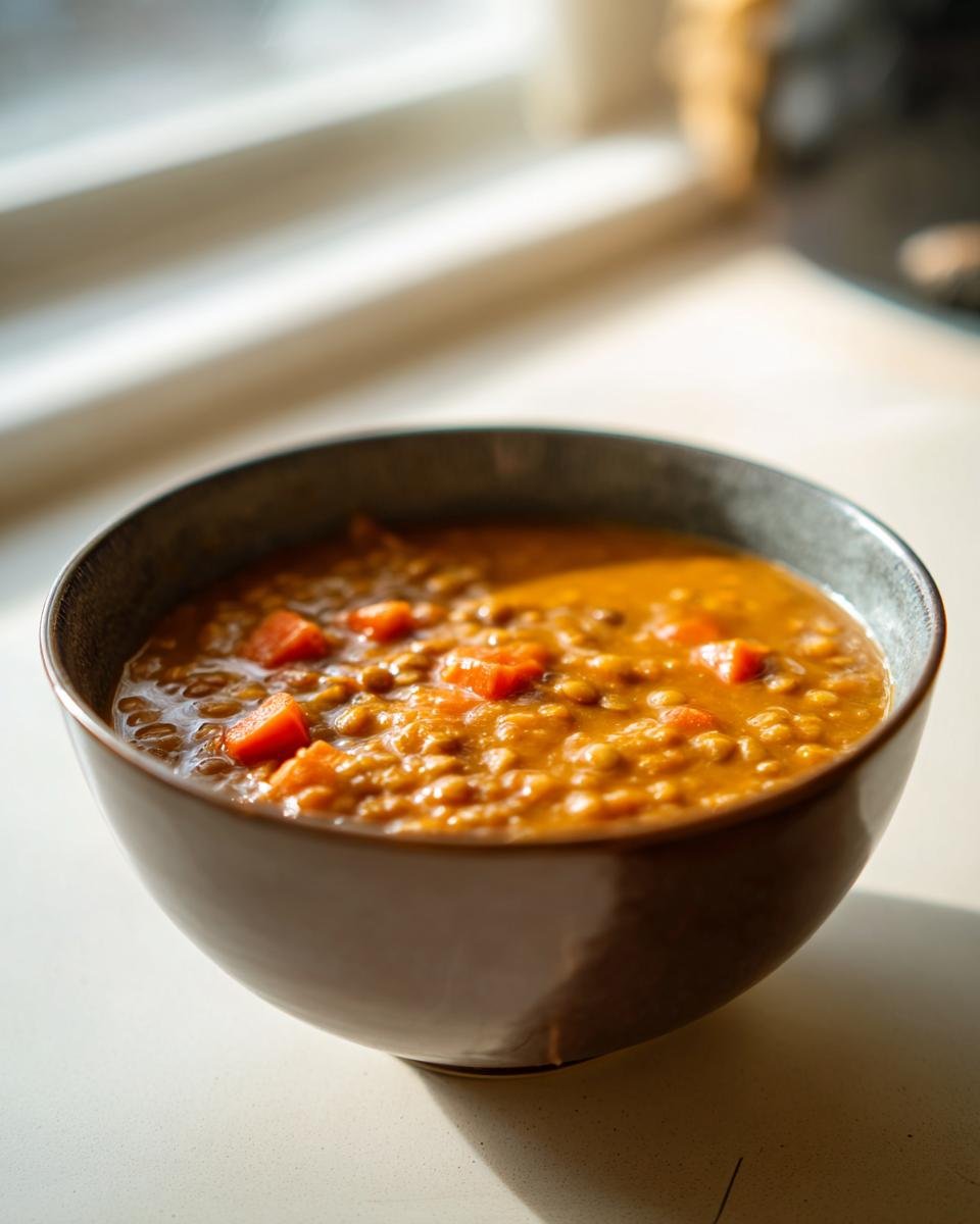 Nahaufnahme einer tiefen Sch&uuml;ssel mit herzhafter Linsensuppe und Karottenst&uuml;cken, ideal f&uuml;r Ramadan Recipes.