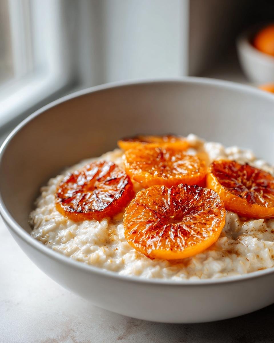 Eine Sch&uuml;ssel cremiges Maple Cinnamon Oatmeal mit vier Scheiben karamellisierter Orangen obenauf.